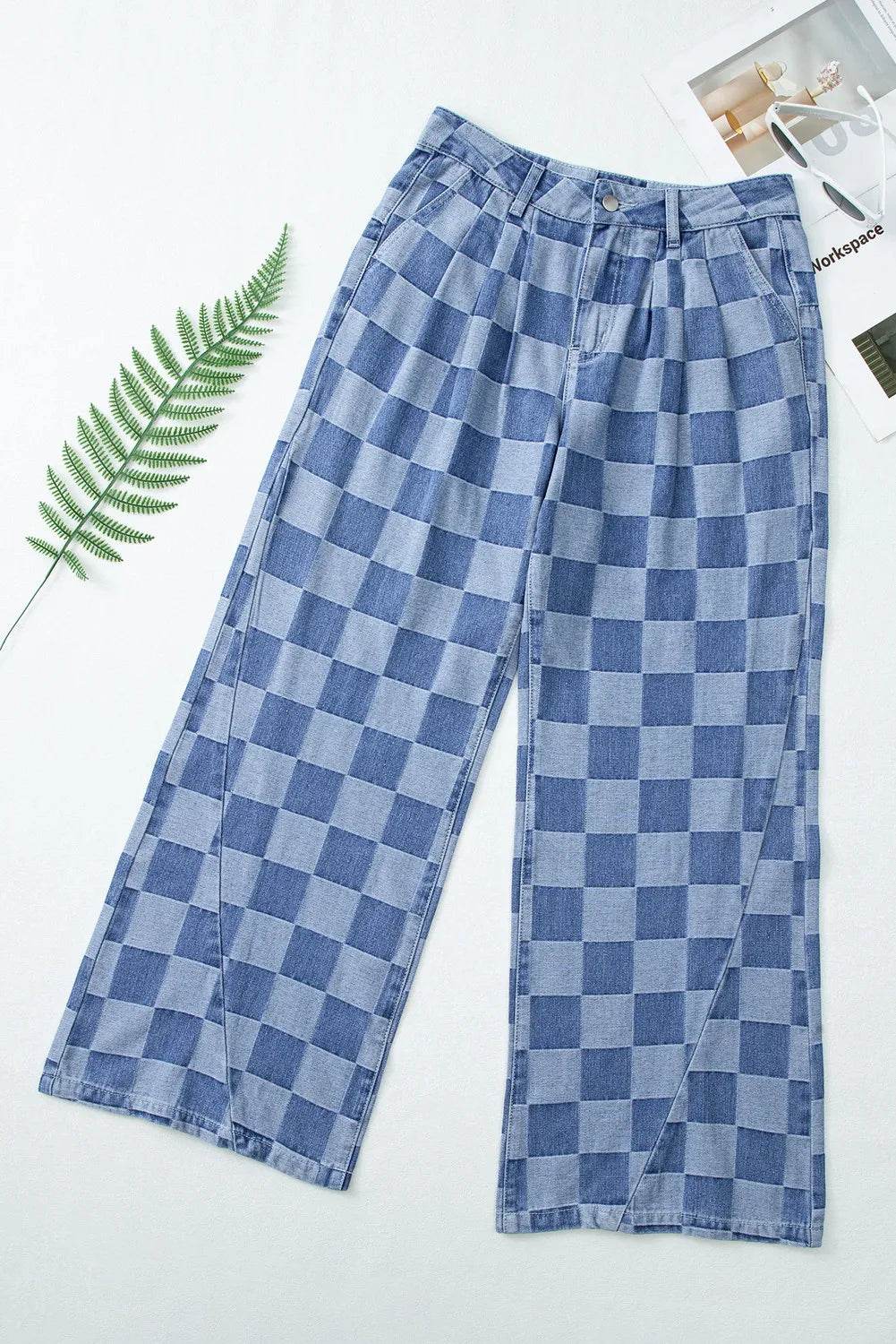 Karierte Jeans mit weitem Bein und Taschen