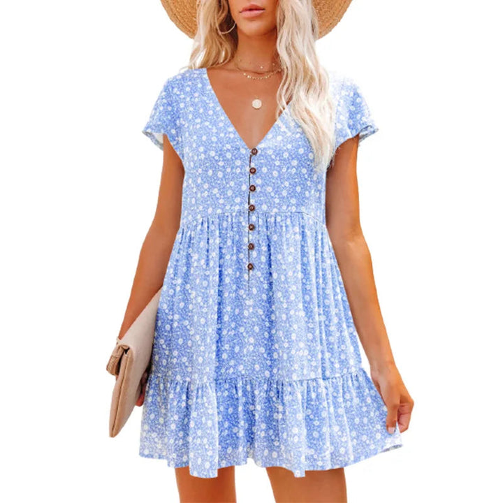 Damen Sommer Blumen V-Ausschnitt Falten Mini Kleid