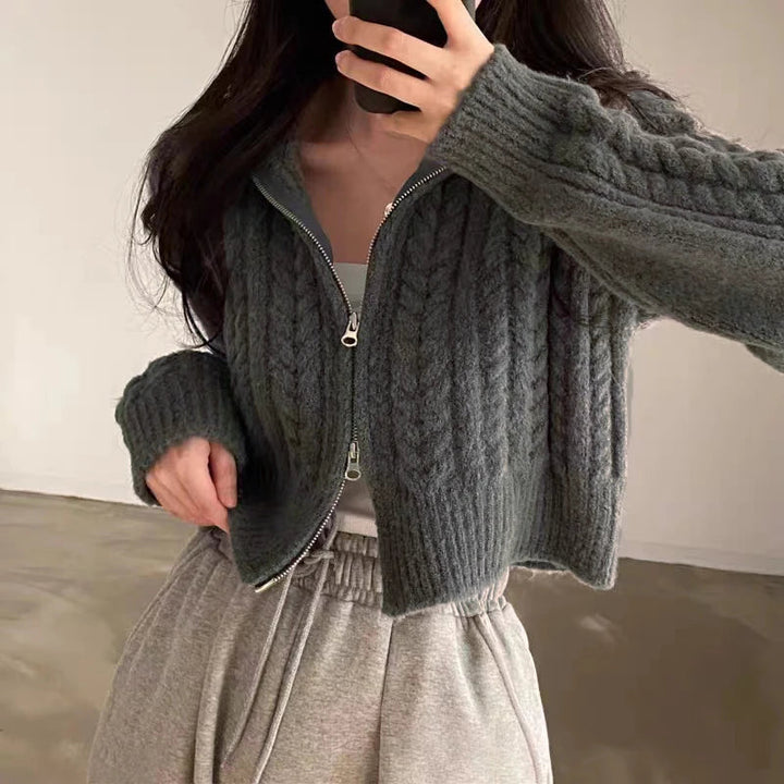 Damen Strick Reißverschluss Cardigan Lockerer Sitz Langarm