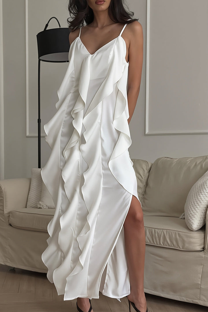 Damen Maxi Slipkleid mit Volantbesatz und V-Ausschnitt in voller Ansicht