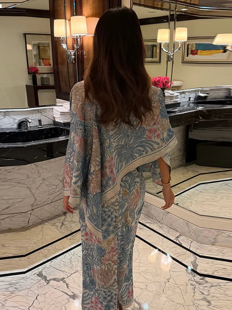 Damen Bodycon Maxikleid mit Überwurf-Schal und Blumendruck