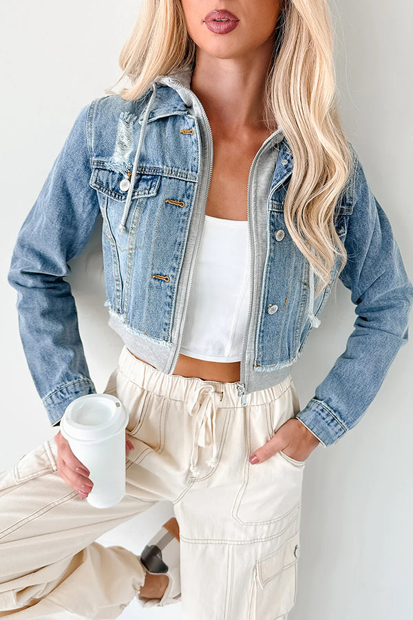 Lässige Jeansjacke mit Kapuze und Patchwork-Muster
