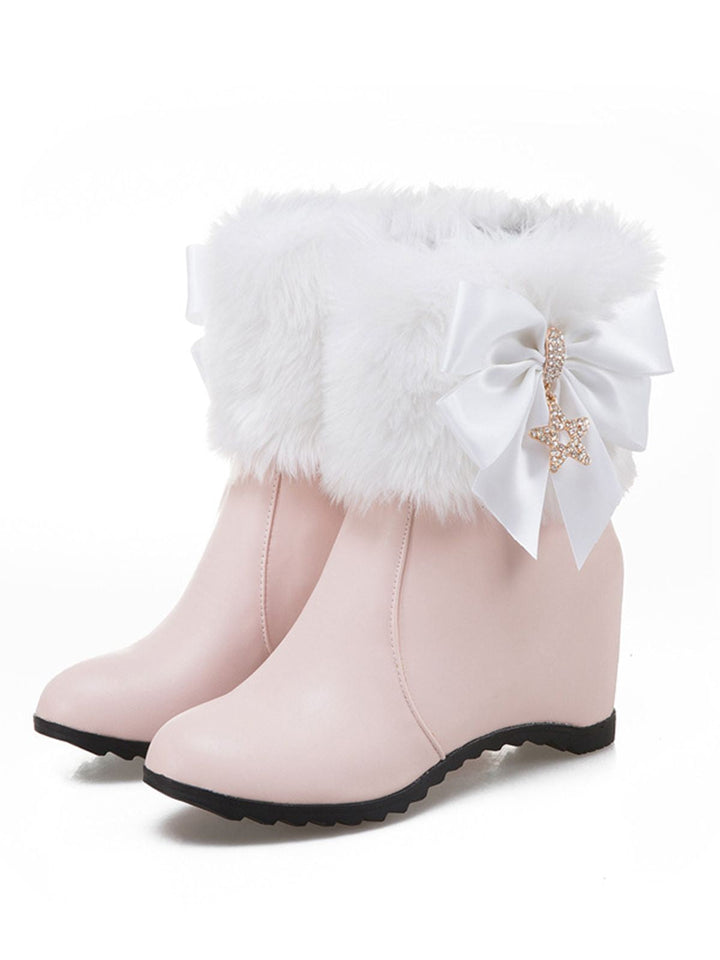 Vintage Keilabsatzstiefel aus Kunstpelz mit Schleifen- und Stern-Detail