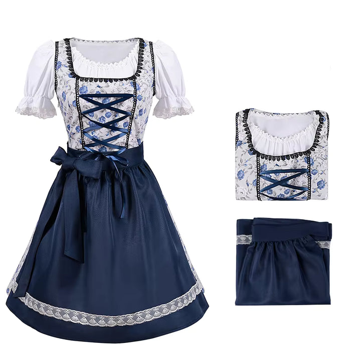 Damen Traditionelles Dirndlkleid aus Polyester-Baumwoll-Mischung Blau Blumenmuster