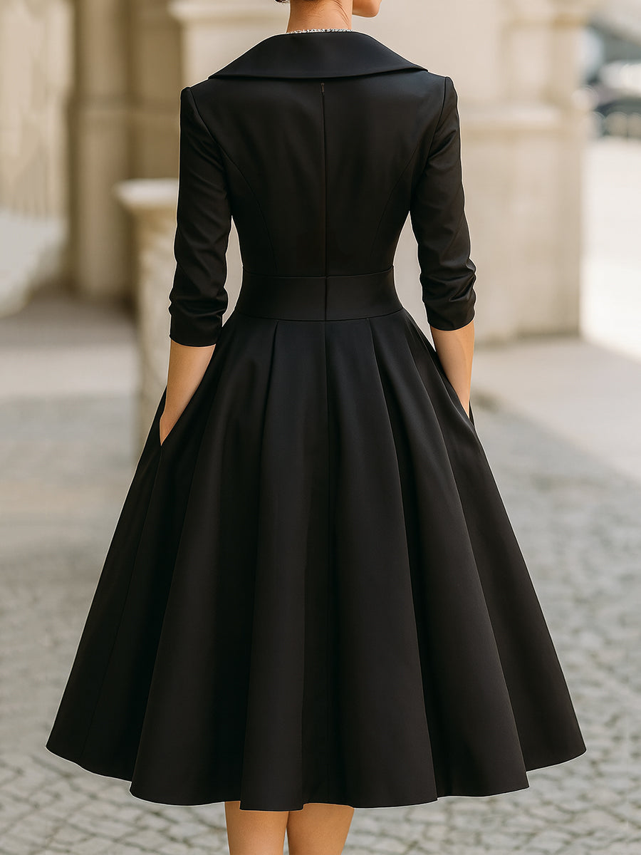 Vintage Satin Midi-Kleid mit drapiertem Kragen