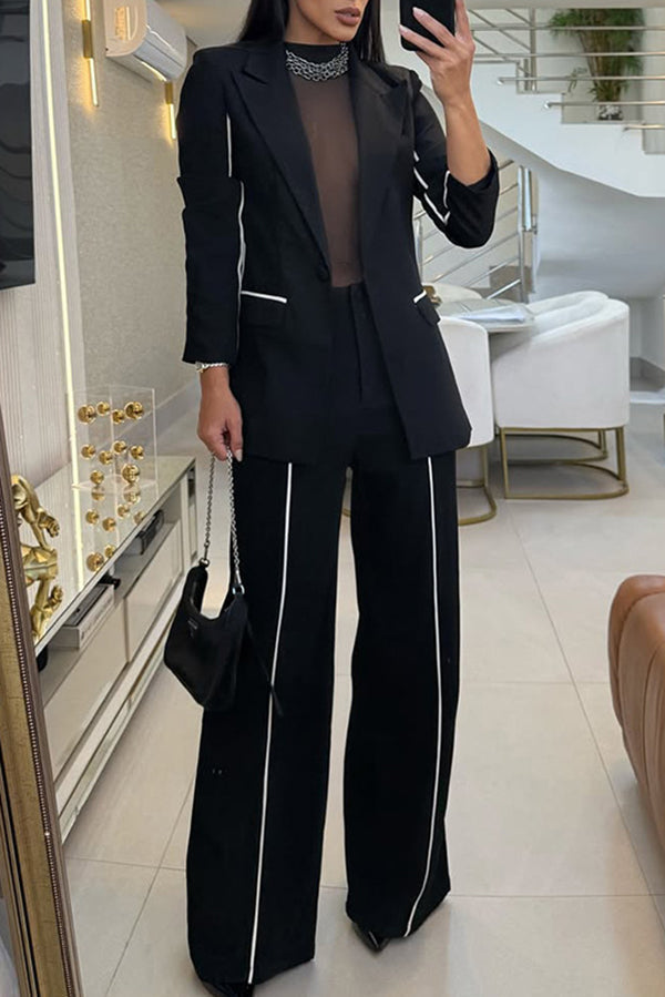 Schicker einfarbiger Blazer- und Hose-Set mit geradem Bein