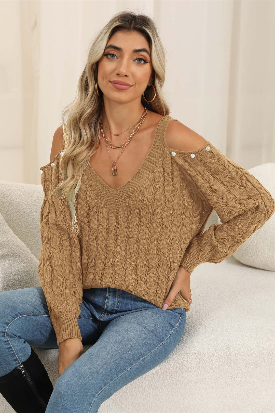 Damen Pullover Mit Off Shoulder Ausschnitt Und V Kragen