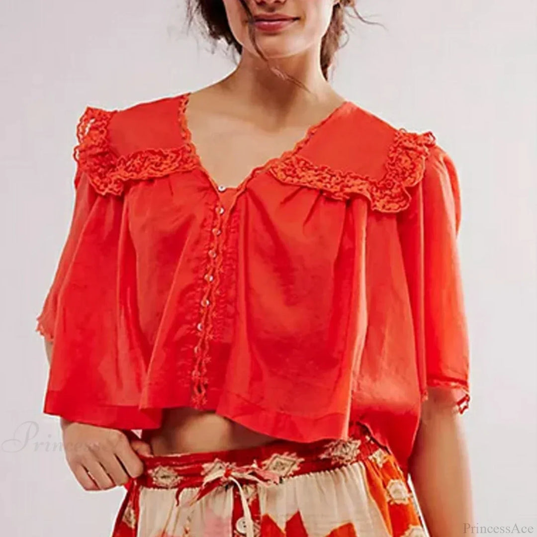 Damen-Chiffonbluse mit Rüschen und Spitzenbesatz, tiefem V-Ausschnitt