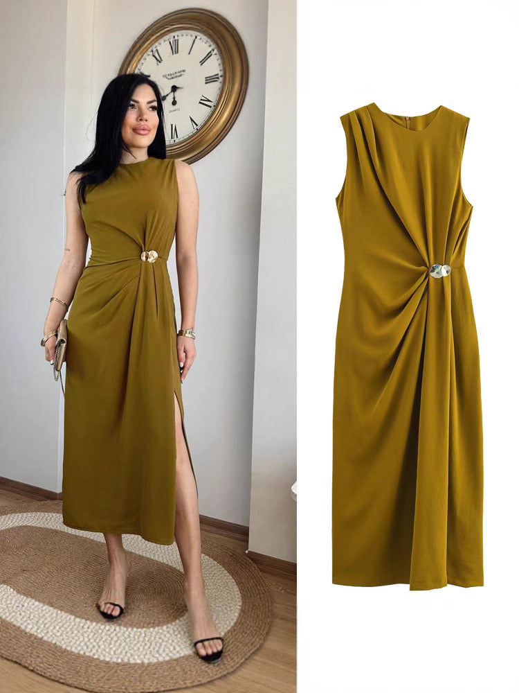 Ärmelloses Maxikleid aus Poly-Mix mit Schlitz in Oliv