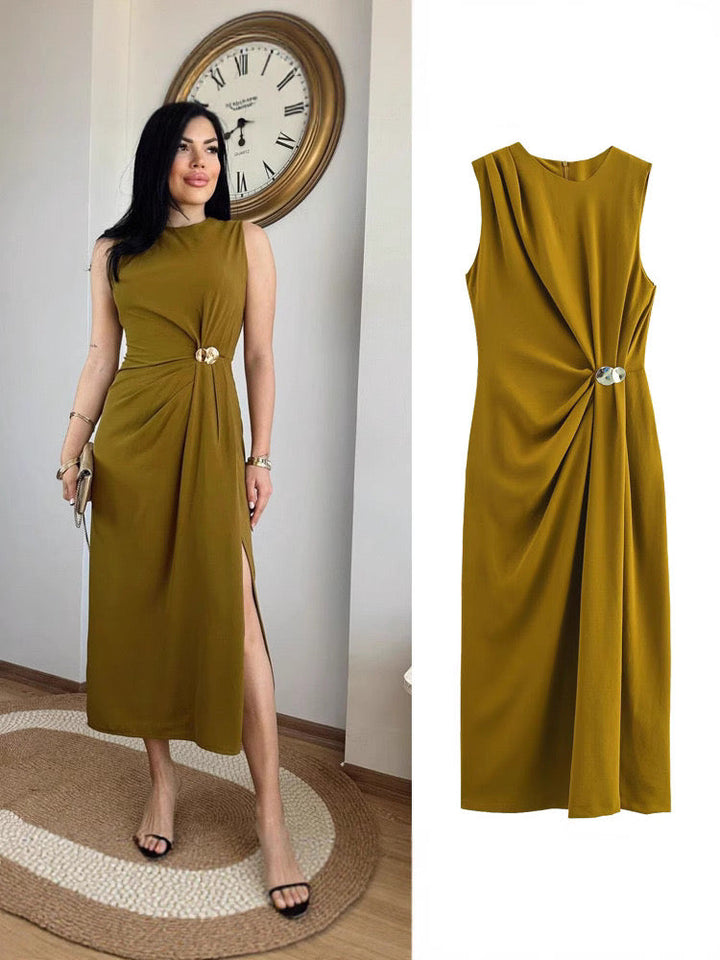 Ärmelloses Maxikleid aus Poly-Mix mit Schlitz in Oliv