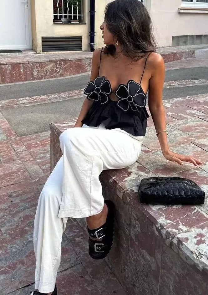 Damen Schwarzes Drapiertes V-Ausschnitt Top