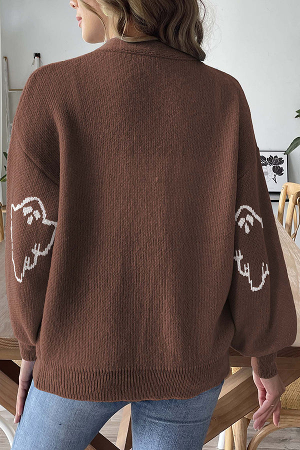 Gemütlicher Halloween-Geister-Strickpullover mit Knopfleiste