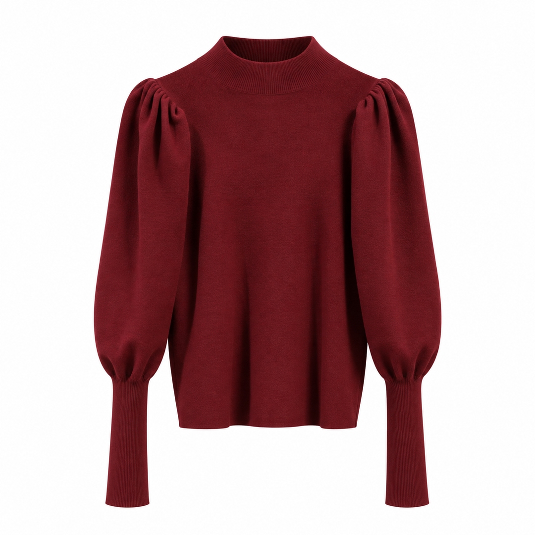 Women's Ribbed Knit Sweater With Stand-Up Collar And Puff Sleeves