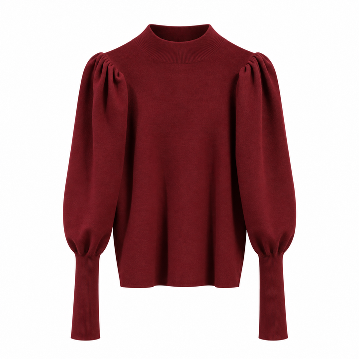 Women's Ribbed Knit Sweater With Stand-Up Collar And Puff Sleeves