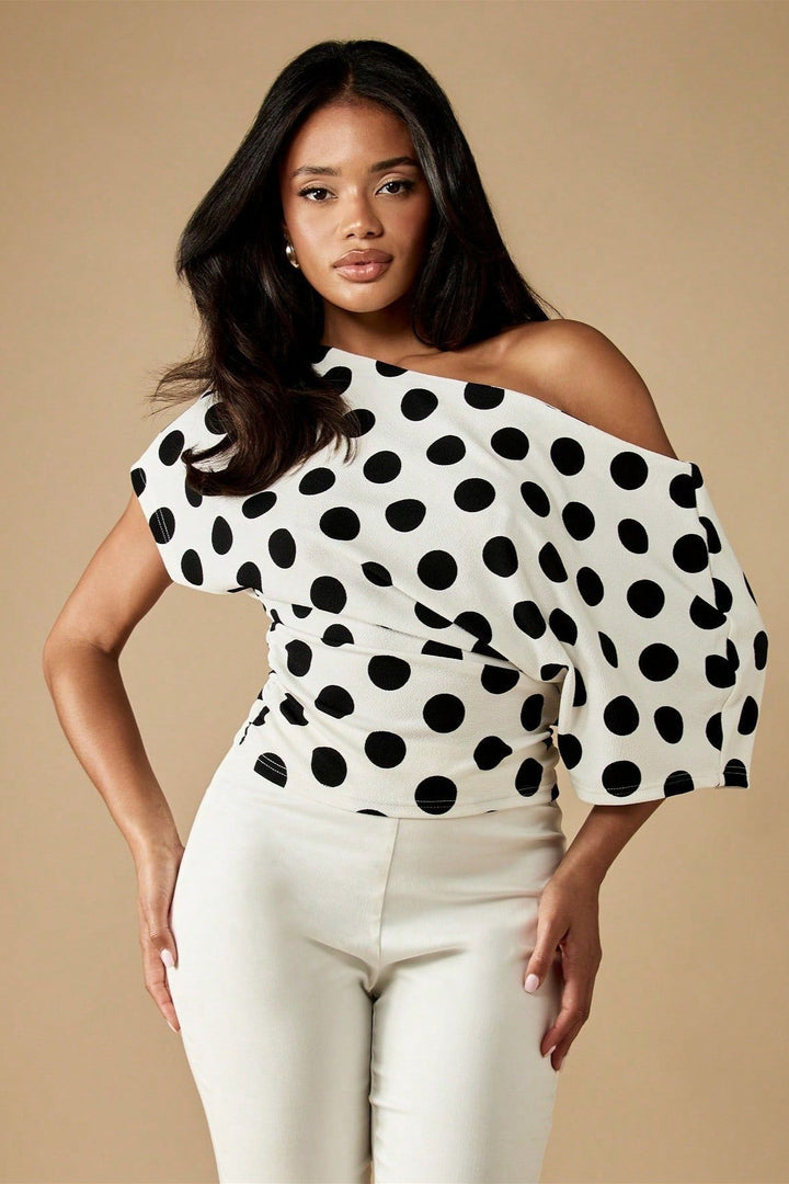 Damen Off Shoulder Bluse Mit Punkten Und Asymmetrischem Saum
