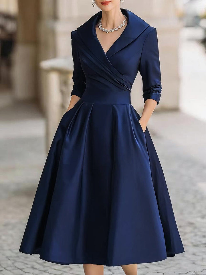 Vintage Satin Midi-Kleid mit drapiertem Kragen