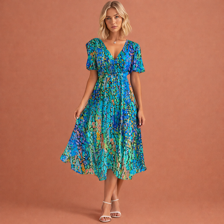 Midi-Kleid mit Blumenmuster und kurzen Ärmeln für Damen