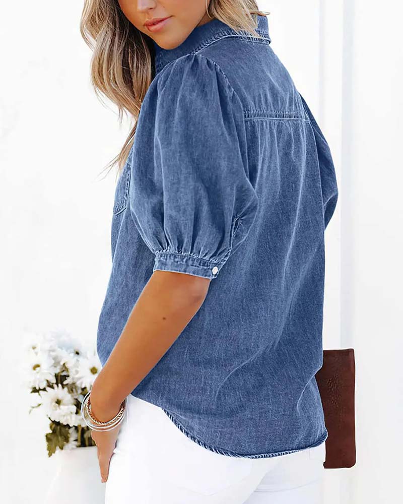 Locker geschnittene Jeansbluse für Damen mit langem Arm und Hemdkragen