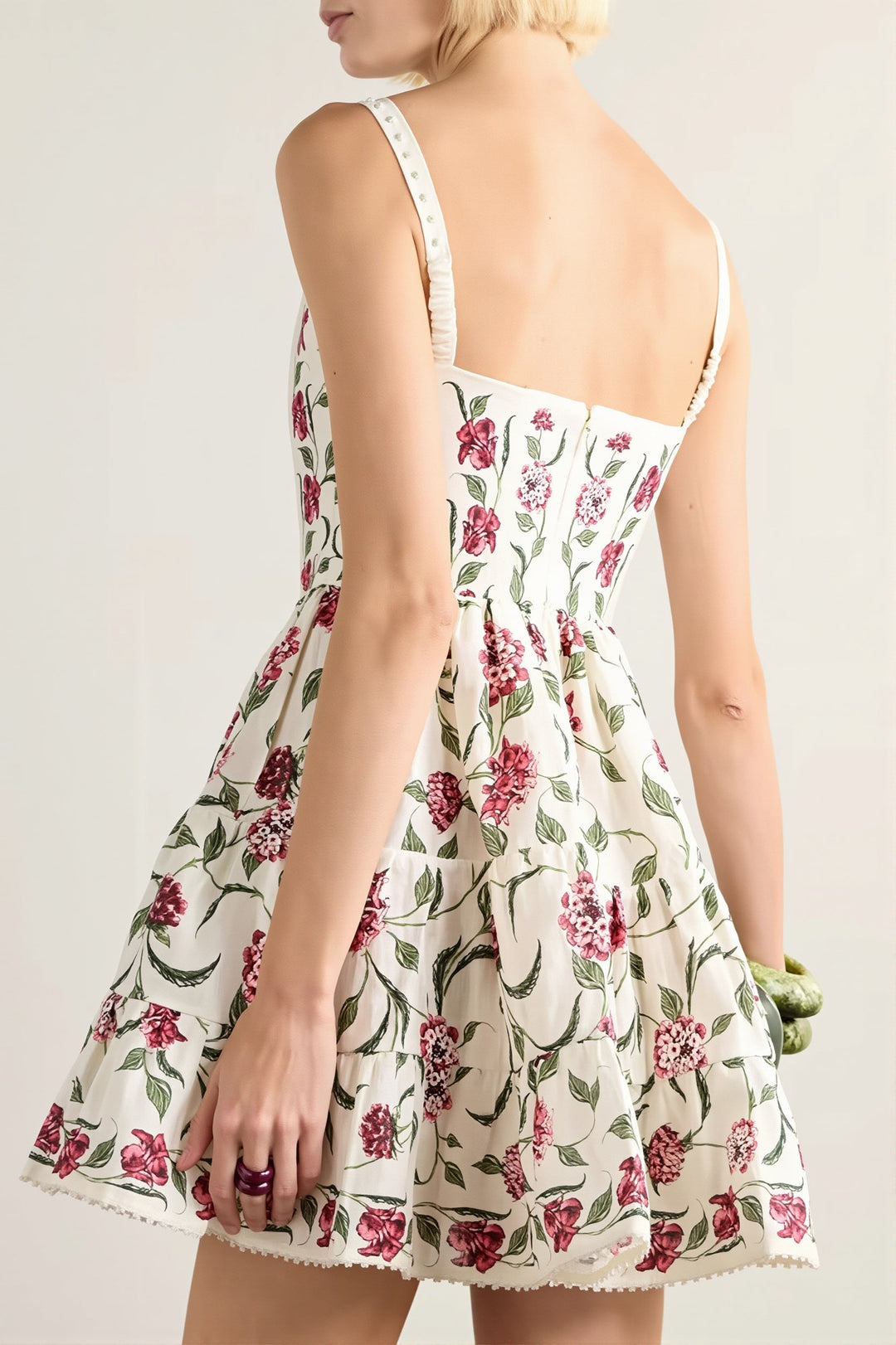 Ärmelloses Boho-Minikleid für Damen mit floralem Muster und Spitzenbesatz