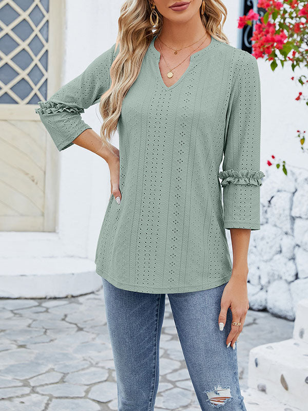 Damen T-Shirt mit Jacquard, V-Ausschnitt und Dreiviertelarm in Vorderansicht