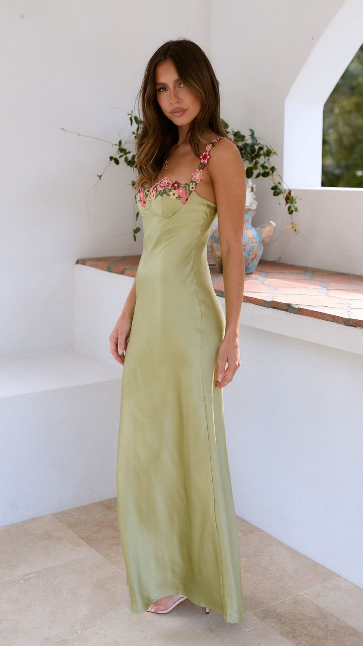 Maxikleid für Damen mit Blumenstickerei auf der Vorderseite