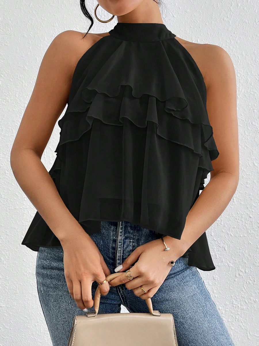 Damen Neckholder Tanktop Aus Chiffon Mit Volantbesatz
