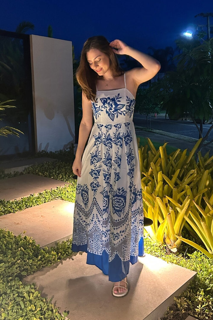 Polyester Spaghettiträger Midi Kleid Blau