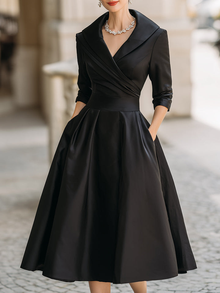 Vintage Satin Midi-Kleid mit drapiertem Kragen