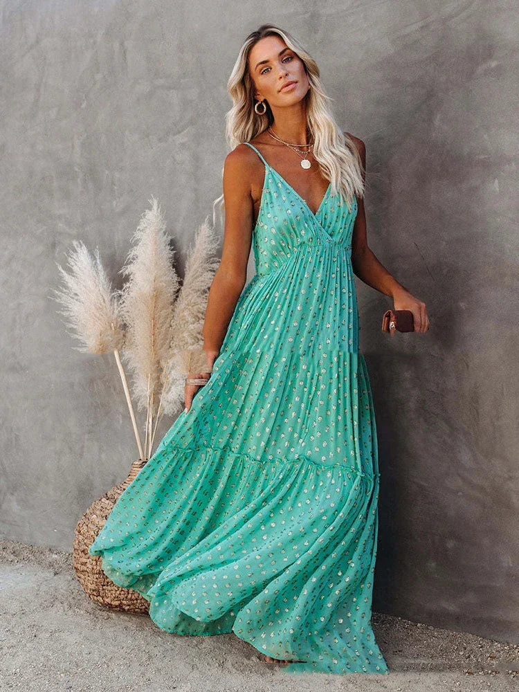 Boho-Chic grünes Maxi-Sommerkleid