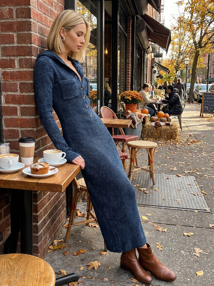 Figurbetontes Damen-Strickkleid mit großer Kapuze