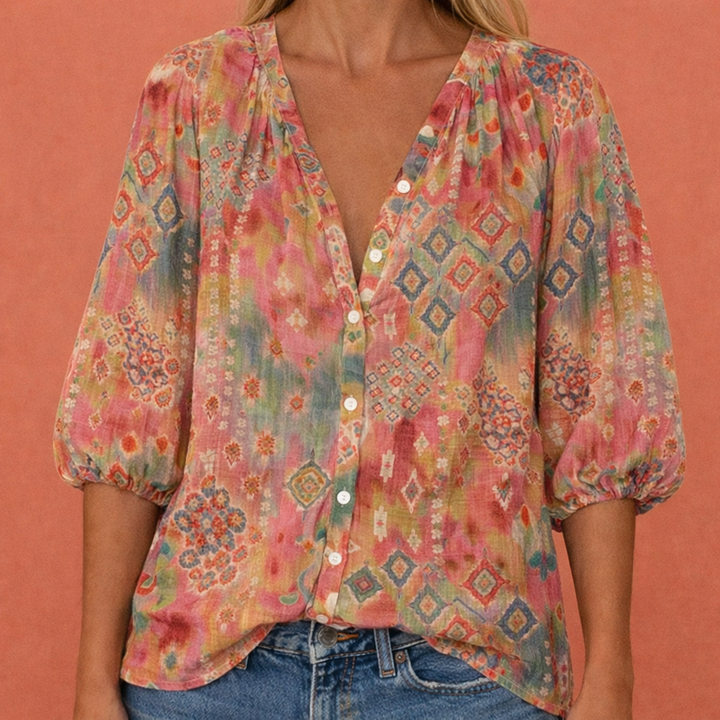 Damen V-Ausschnitt Bluse mit Knopfverschluss und Druckmuster