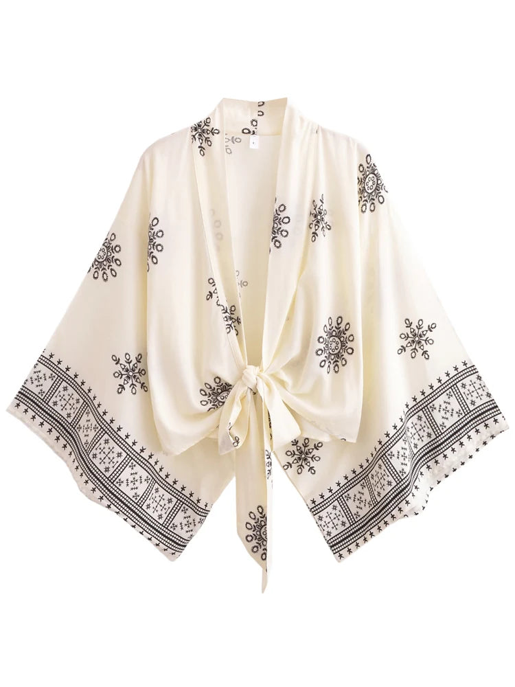 Boho Blumendruck Baumwolle Viskose Kimono Kurzer Bademantel Damen Strandüberwurf