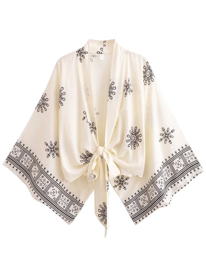 Boho Blumendruck Baumwolle Viskose Kimono Kurzer Bademantel Damen Strandüberwurf