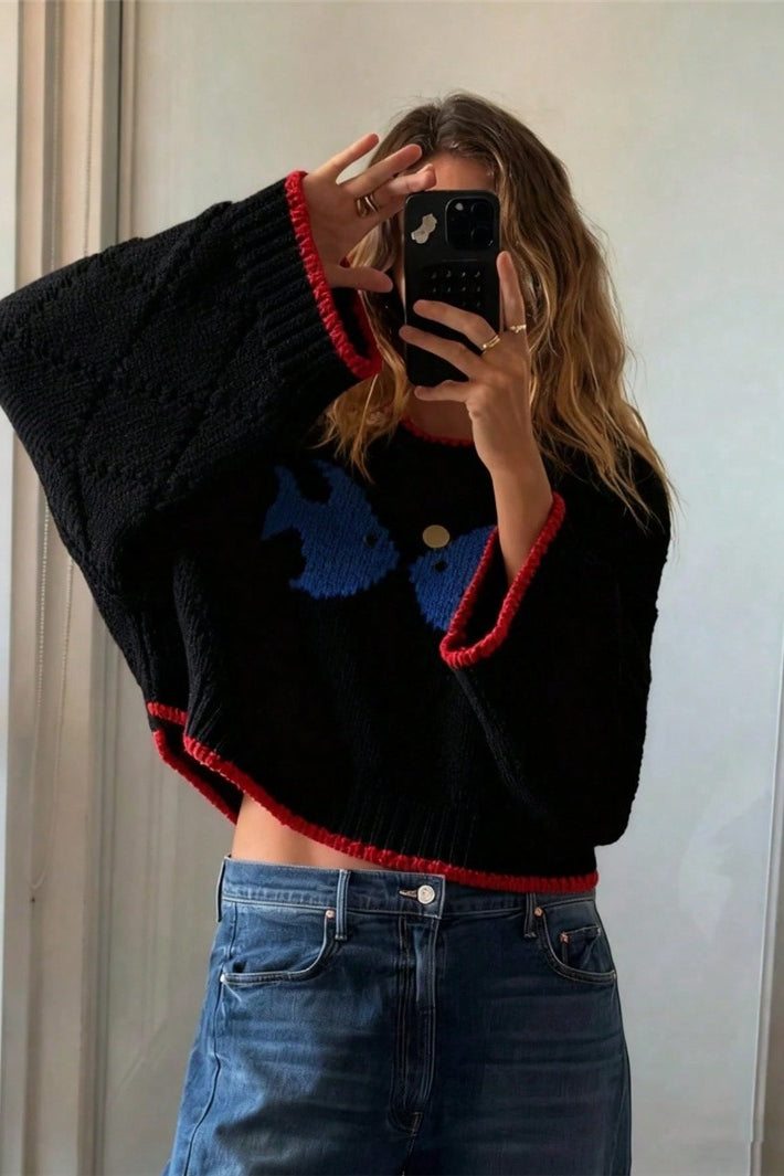 Damen-Strickpullover mit Rundhalsausschnitt und Hundemotiv