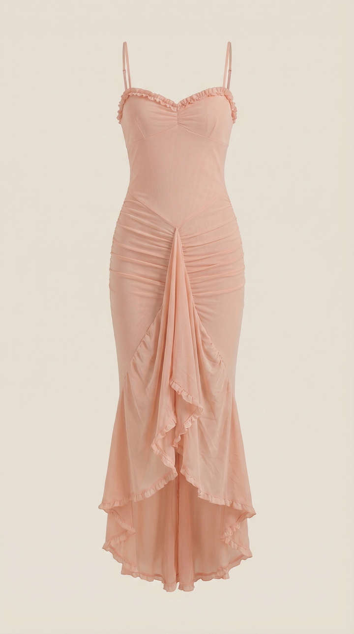 Damen Volant Maxikleid mit High-Low-Saum