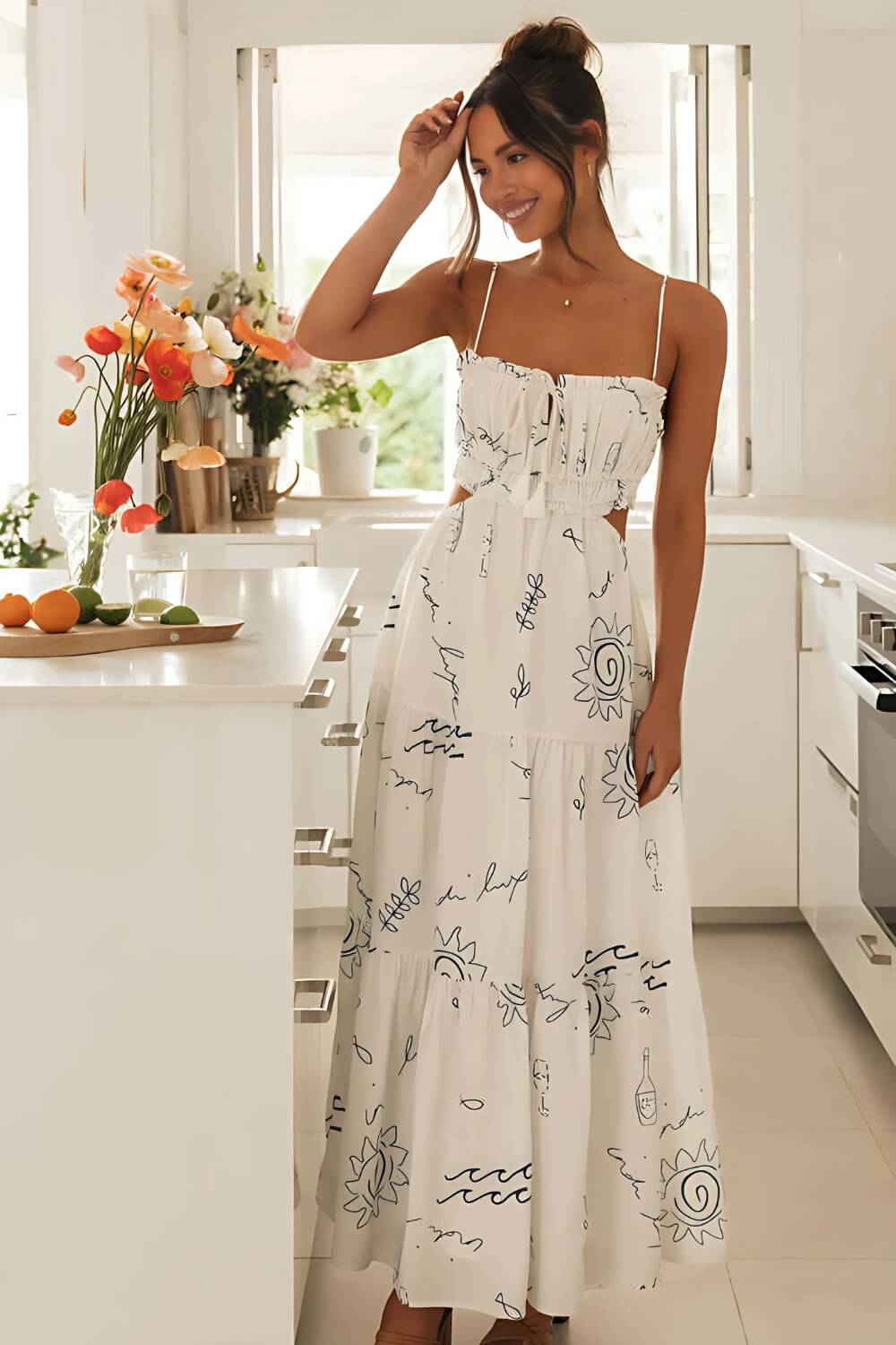 Bedrucktes Midikleid mit Spaghettiträgern Weiß