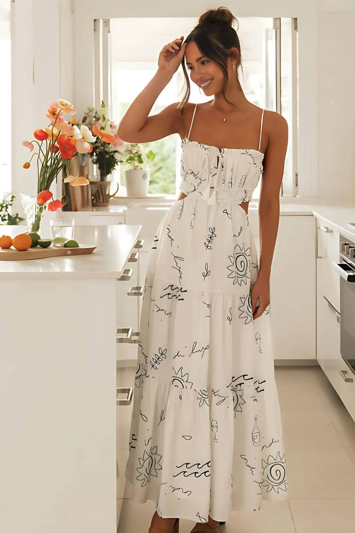 Bedrucktes Midikleid mit Spaghettiträgern Weiß