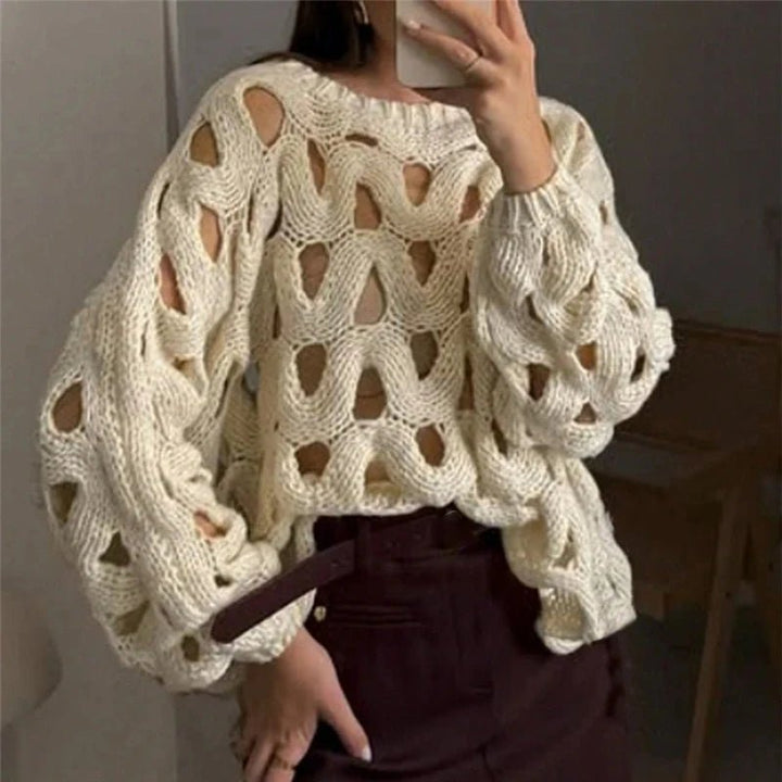Damen Langarm Häkelstrickpullover Oberteil