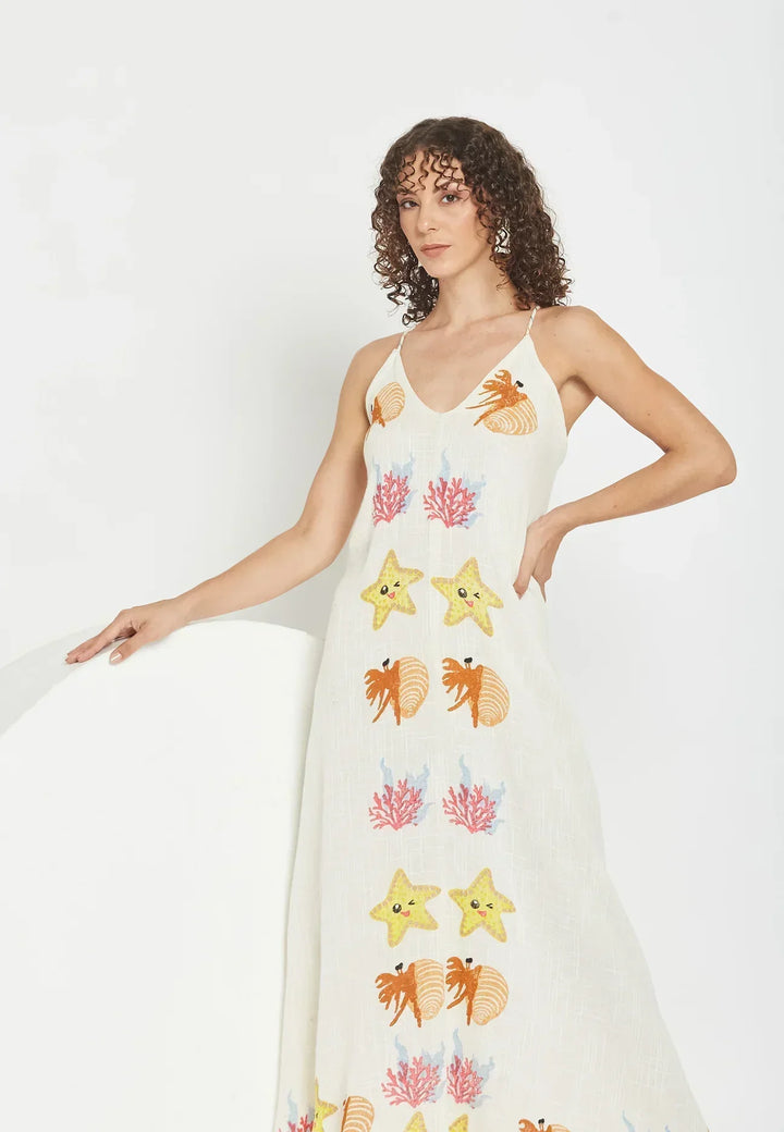 Damen Maxikleid mit Meeresstickerei in luftiger, fließender Silhouette
