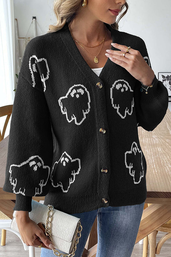 Gemütlicher Halloween-Geister-Strickpullover mit Knopfleiste