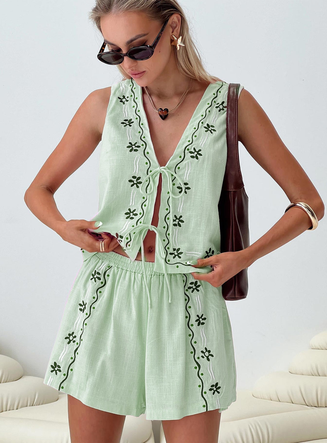 Damen Zweiteiler Sommer-Set mit Blumenstickerei