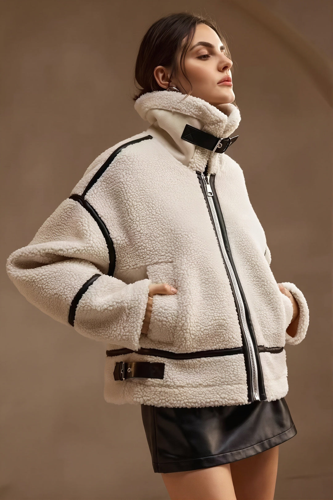 Damen Sherpa Fleece Mantel Mit Kontrastpaspel