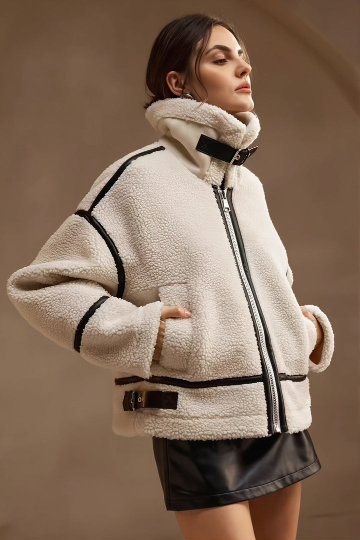 Damen Sherpa Fleece Mantel Mit Kontrastpaspel