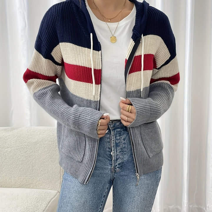 Damen-Cardigan im Farbblock-Look mit Kapuze