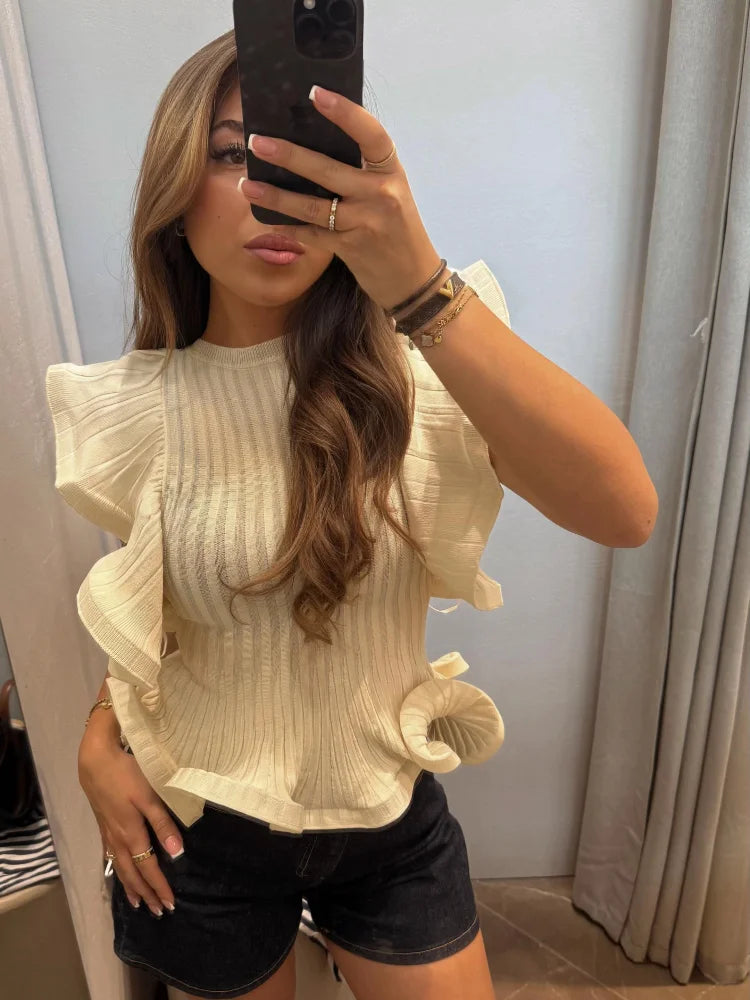 Damen Ärmellose Bluse mit Rüschensaum Slim Fit