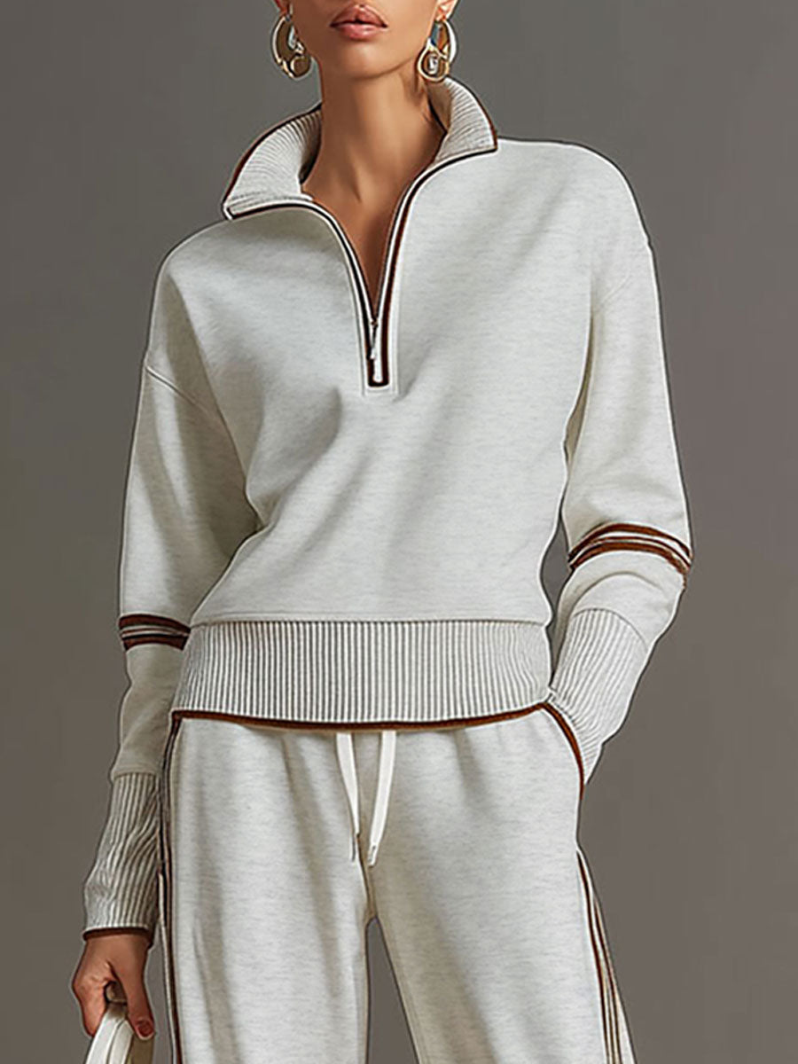 Pullover-Sweatshirt mit halbem Reißverschluss und weites Hosen-Set