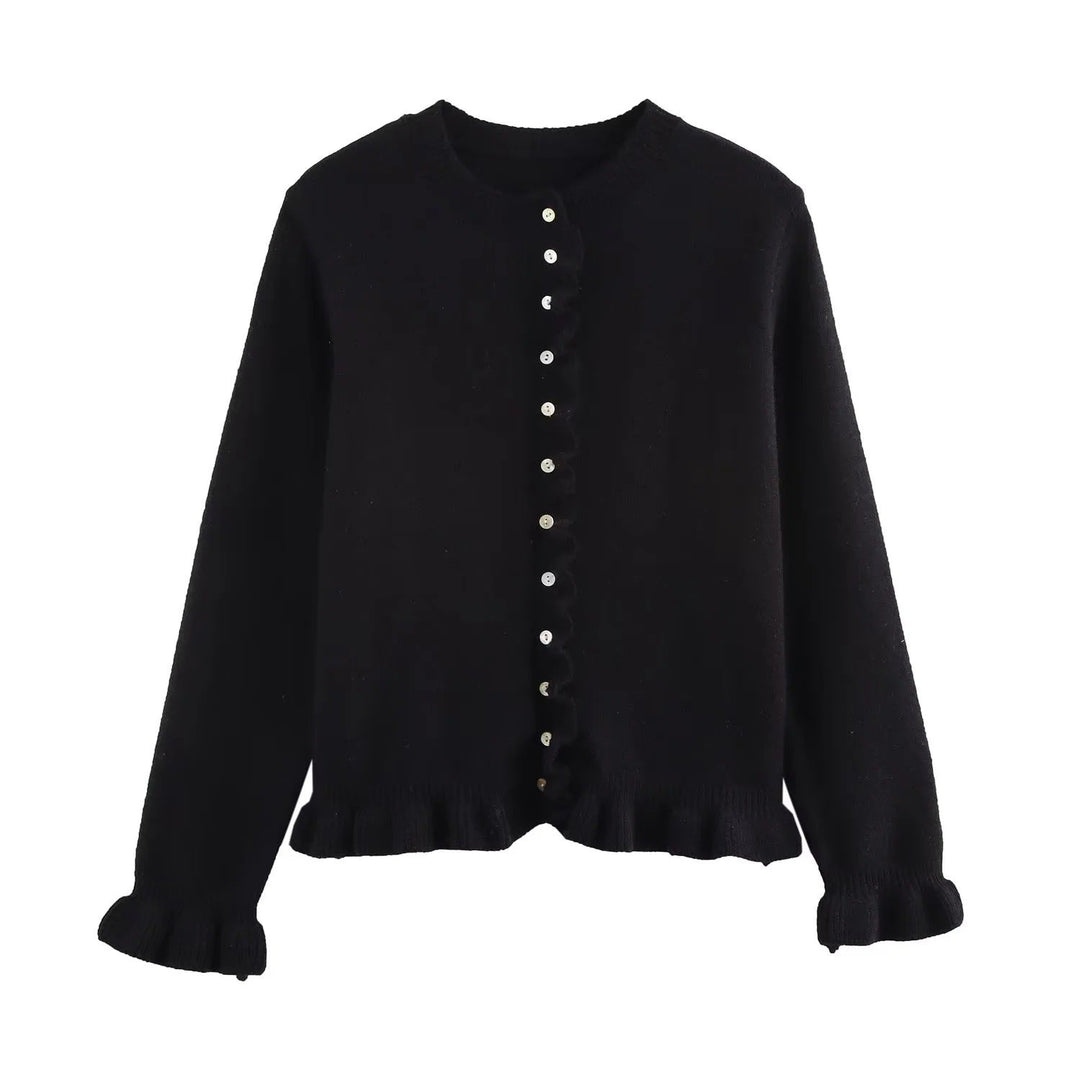 Rüschenbesetzter Damen-Cardigan mit Knöpfen, schickes Lagen-Oberteil