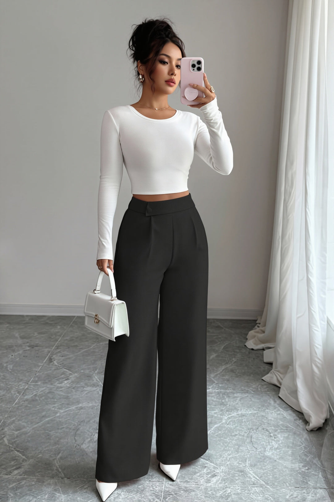 Damen weite Hose mit hoher Taille als modischer Alltagslook