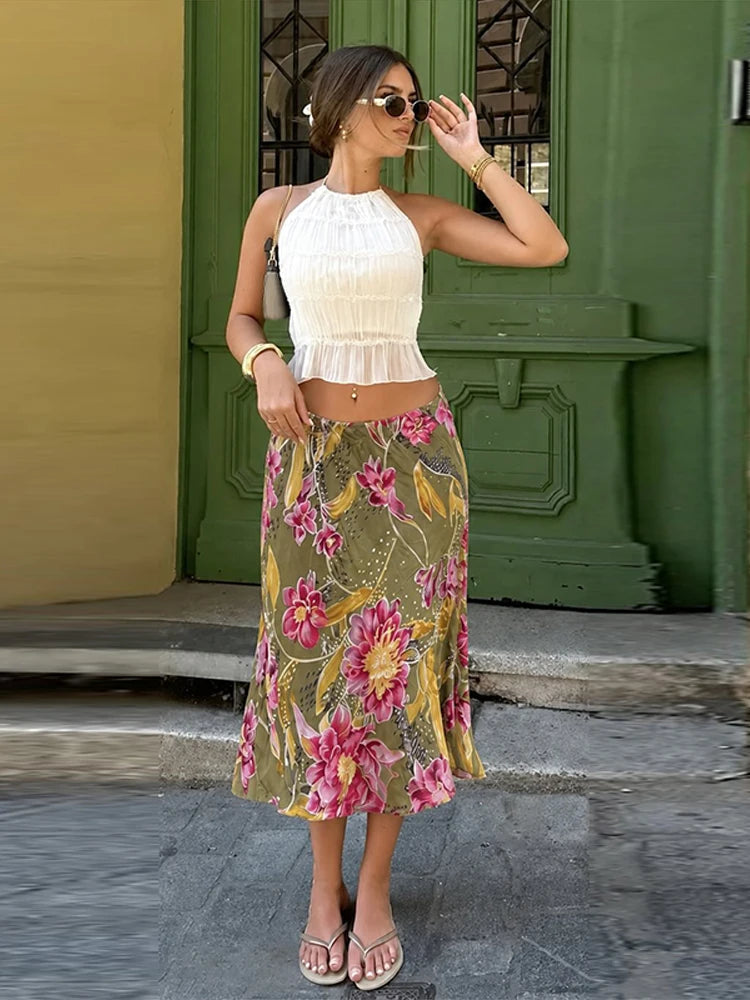 Damen Midirock mit hohem Bund, Blumenmuster und Schlitz