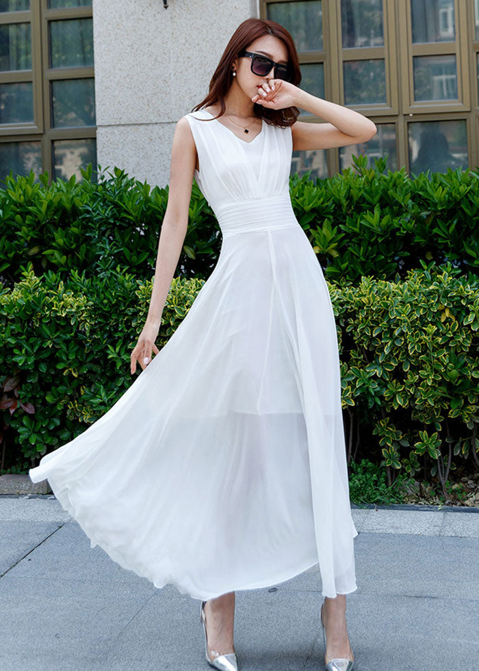 Weißes ärmelloses Maxikleid aus Chiffon mit hoher Taille